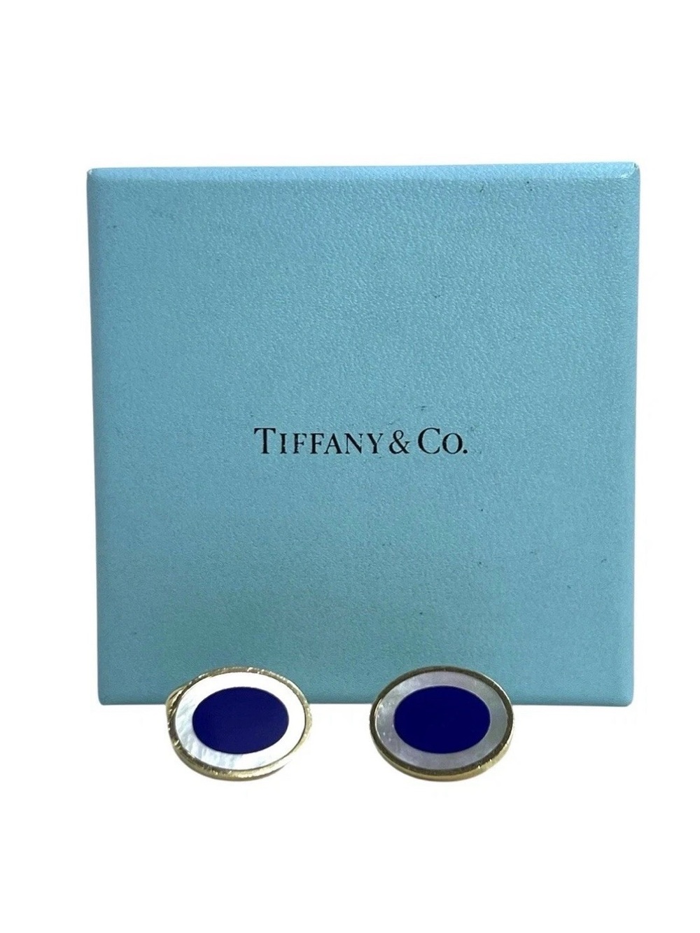 Tiffany & Co. Vintage Lapis & Pearl Inlay 18k Yellow Gold Cufflinks with Box